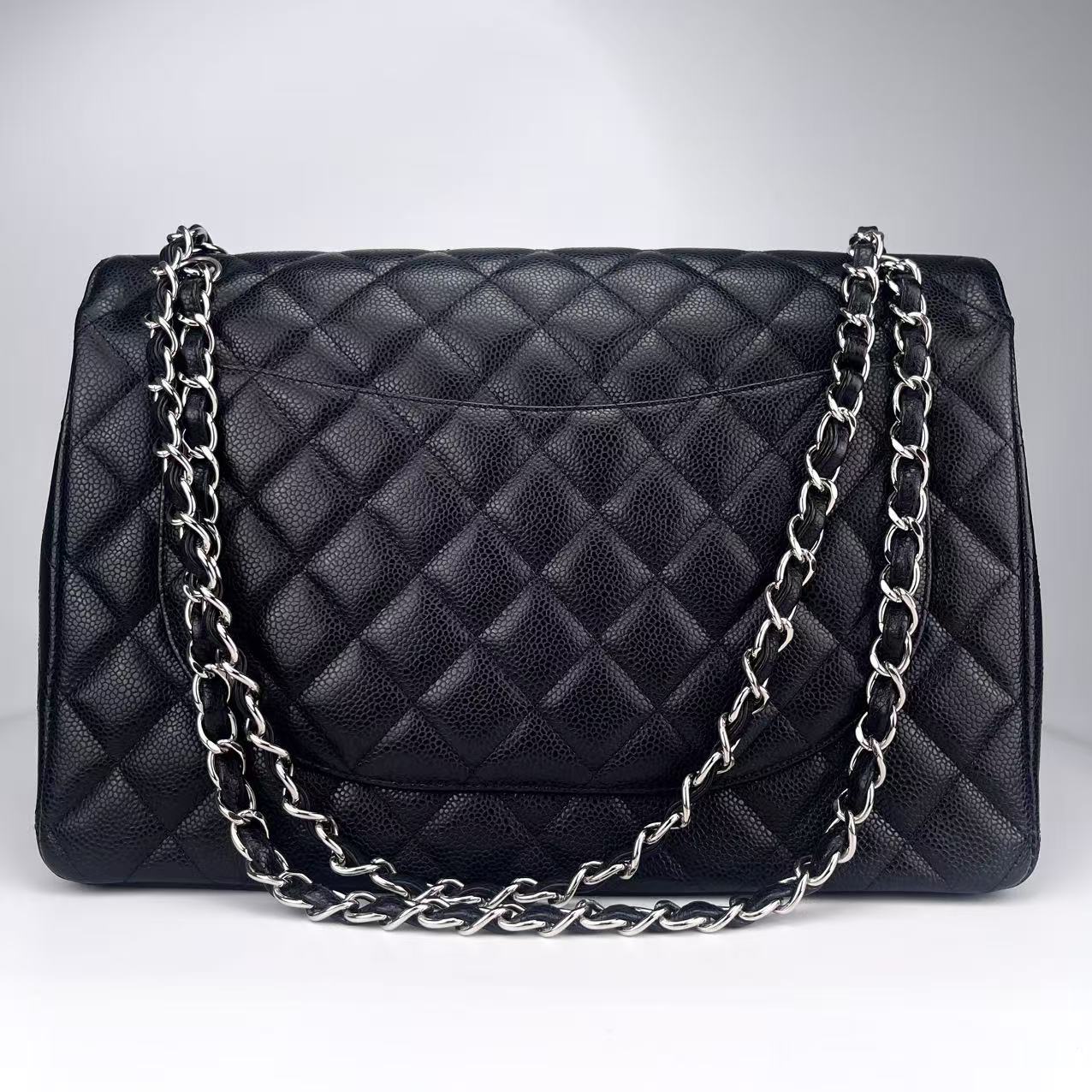 Chanel Classic Double Flap Maxi Black Silver Caviar Skin[used]
