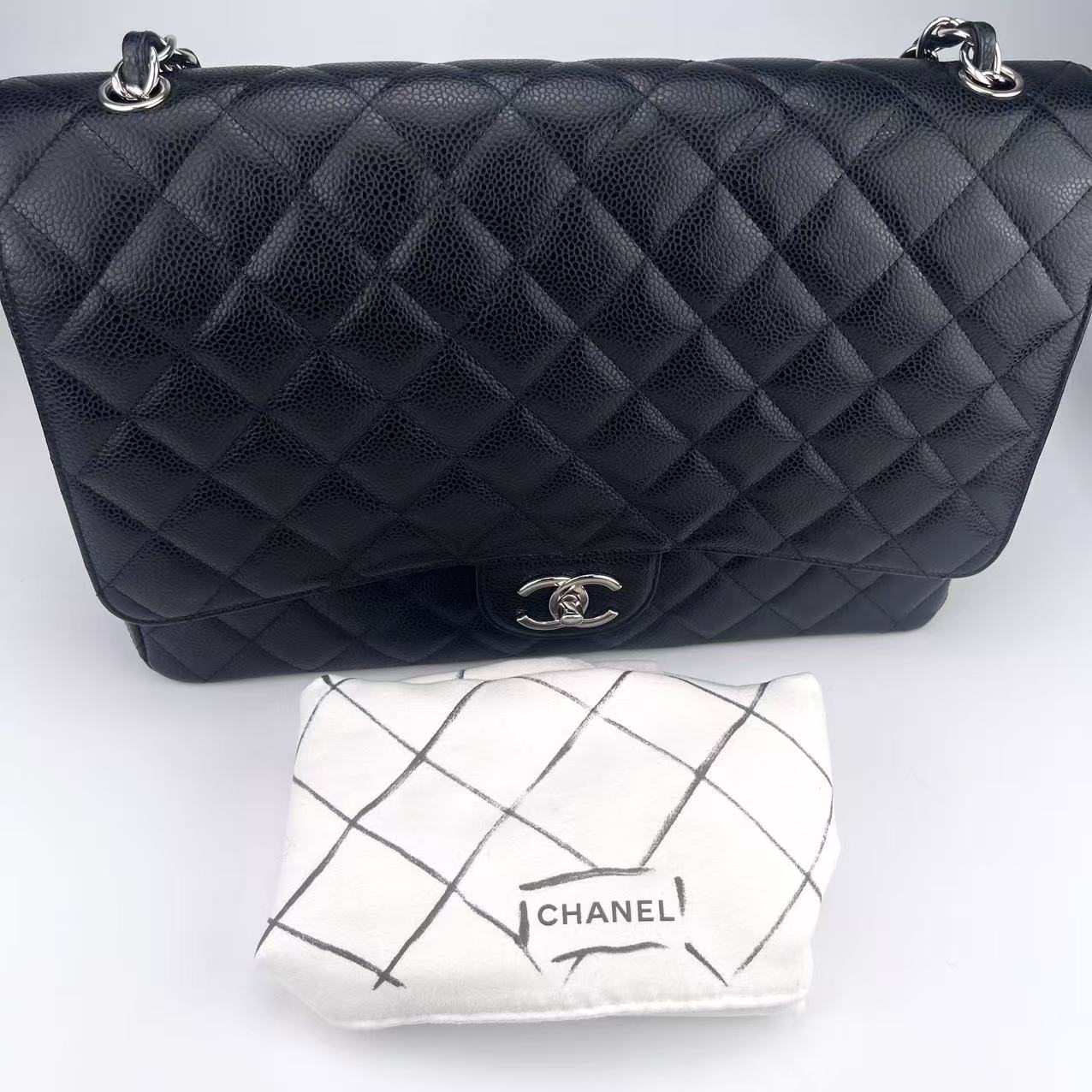 Chanel Classic Double Flap Maxi Black Silver Caviar Skin[used]