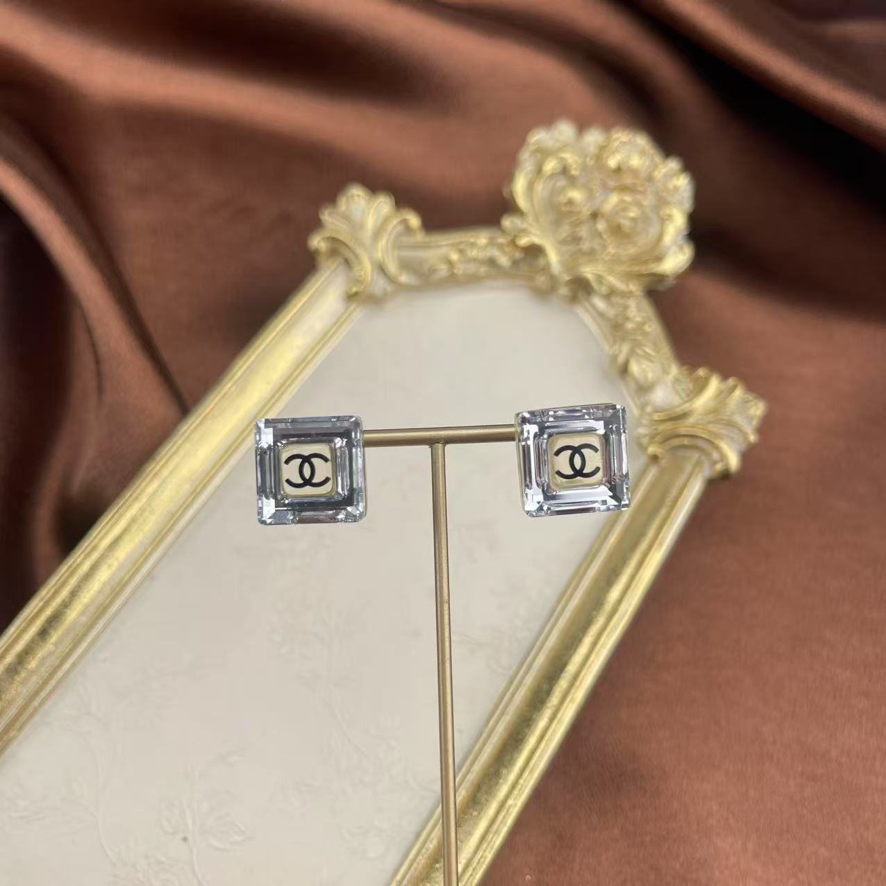 CHANEL Vintage Crystal Frame Logo Stud Earrings[Used]
