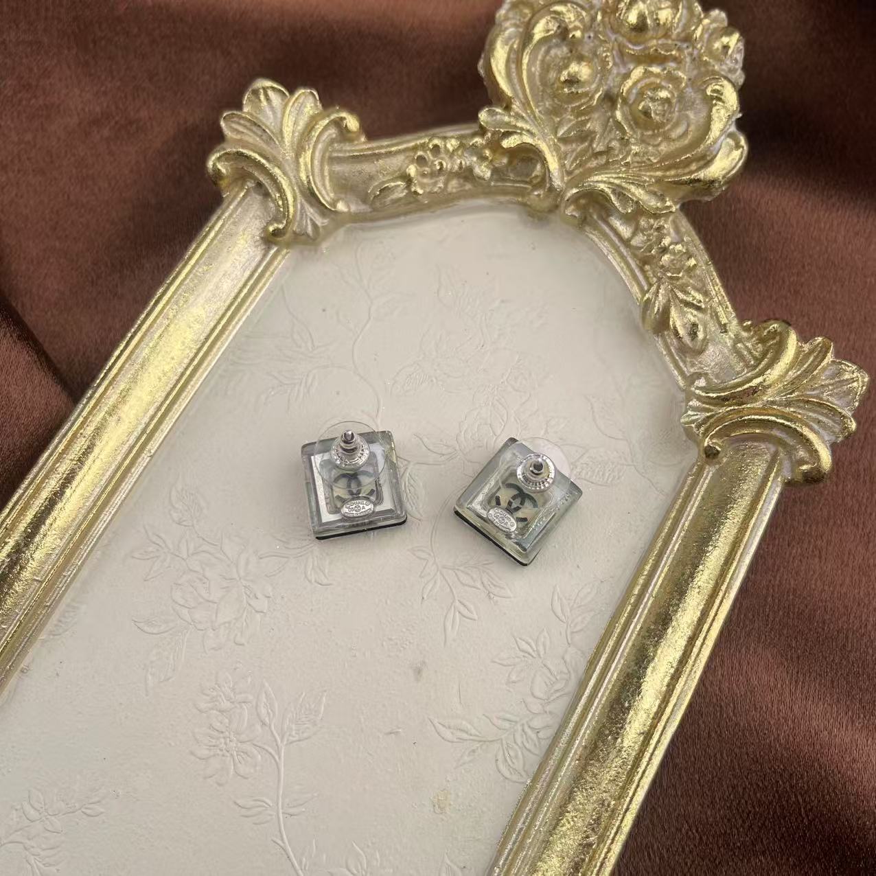 CHANEL Vintage Crystal Frame Logo Stud Earrings[Used]