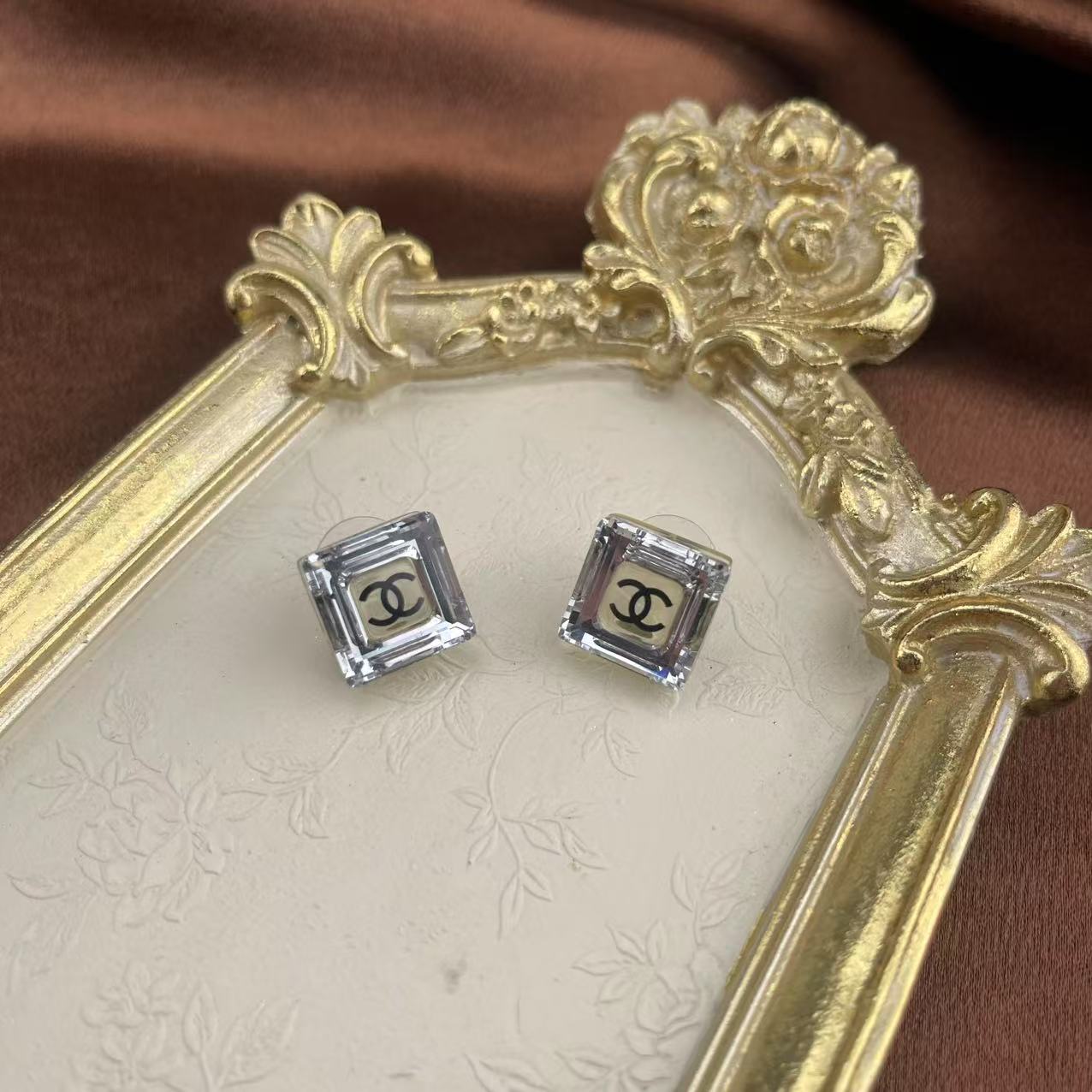 CHANEL Vintage Crystal Frame Logo Stud Earrings[Used]
