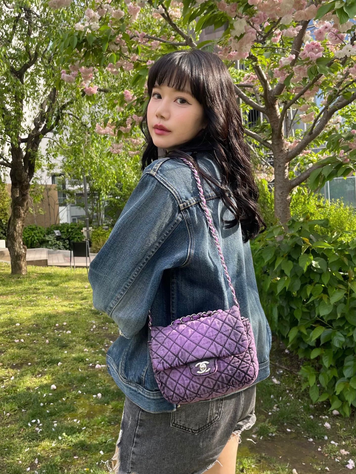 CHANEL Purple 20C Distressed Denimpression Classic Flap ShoulderBag  [Used]