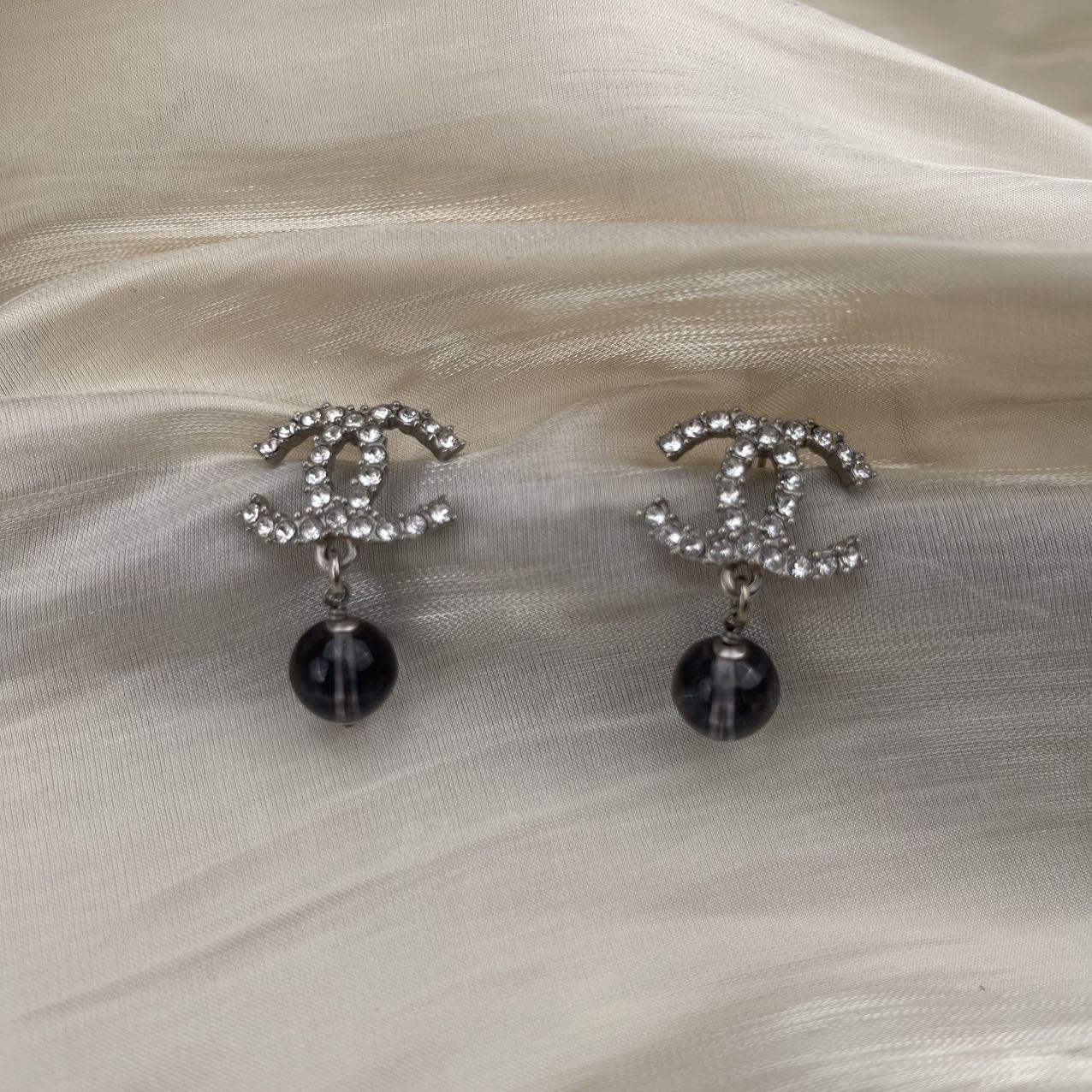 Chanel Coco Mark Rhinestone Clear Ball Earrings[Used]