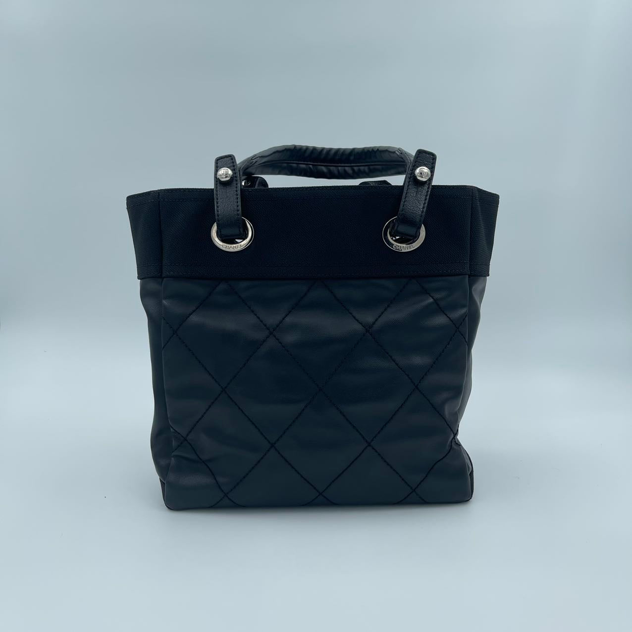 Chanel Black Canvas & Calfskin Small Tote Bag with Silver-Tone Double C Logo [Used]