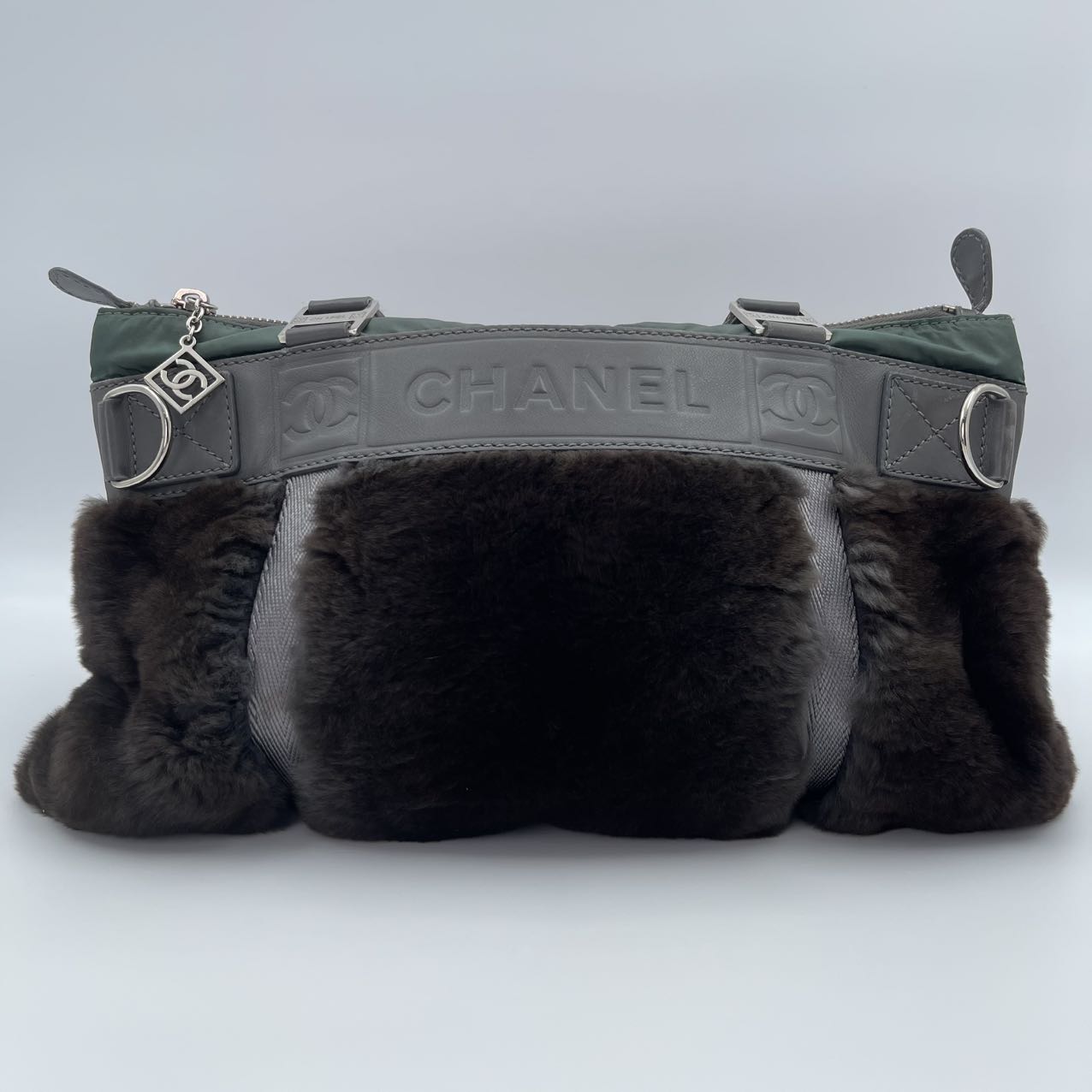 Chanel Dark Green Nylon & Dark Brown Rabbit Fur CC Tote [Used]