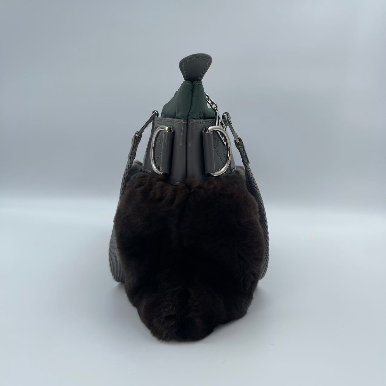 Chanel Dark Green Nylon & Dark Brown Rabbit Fur CC Tote [Used]