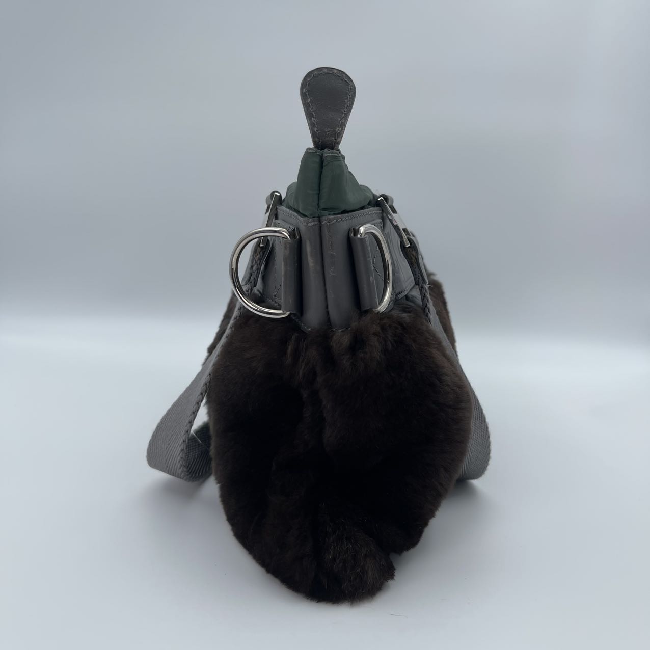 Chanel Dark Green Nylon & Dark Brown Rabbit Fur CC Tote [Used]