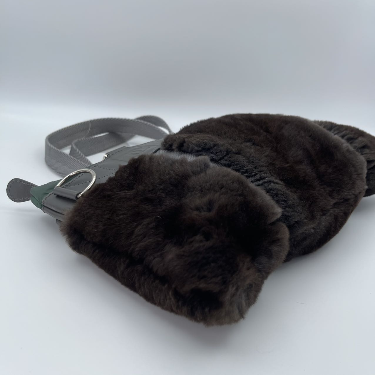 Chanel Dark Green Nylon & Dark Brown Rabbit Fur CC Tote [Used]