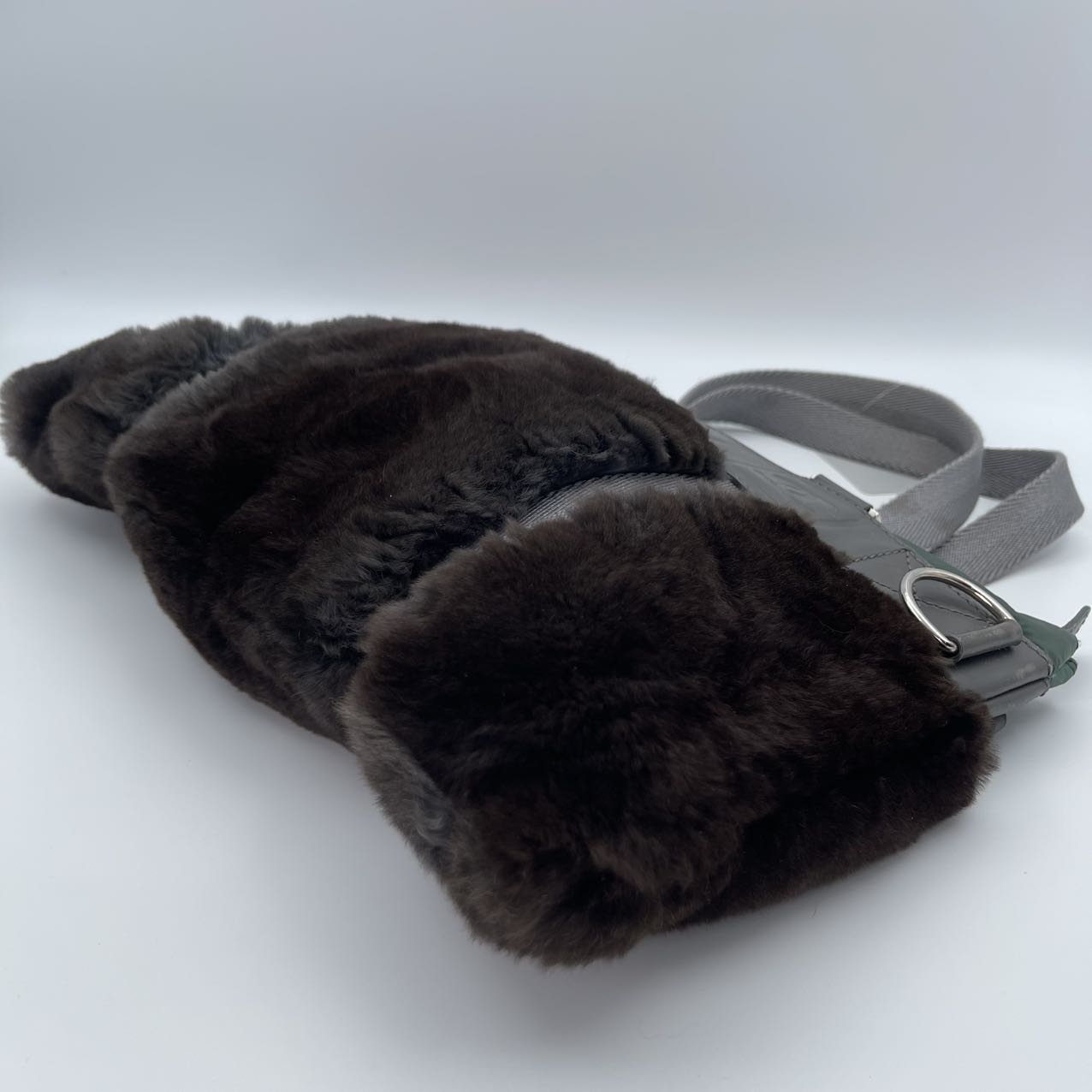 Chanel Dark Green Nylon & Dark Brown Rabbit Fur CC Tote [Used]