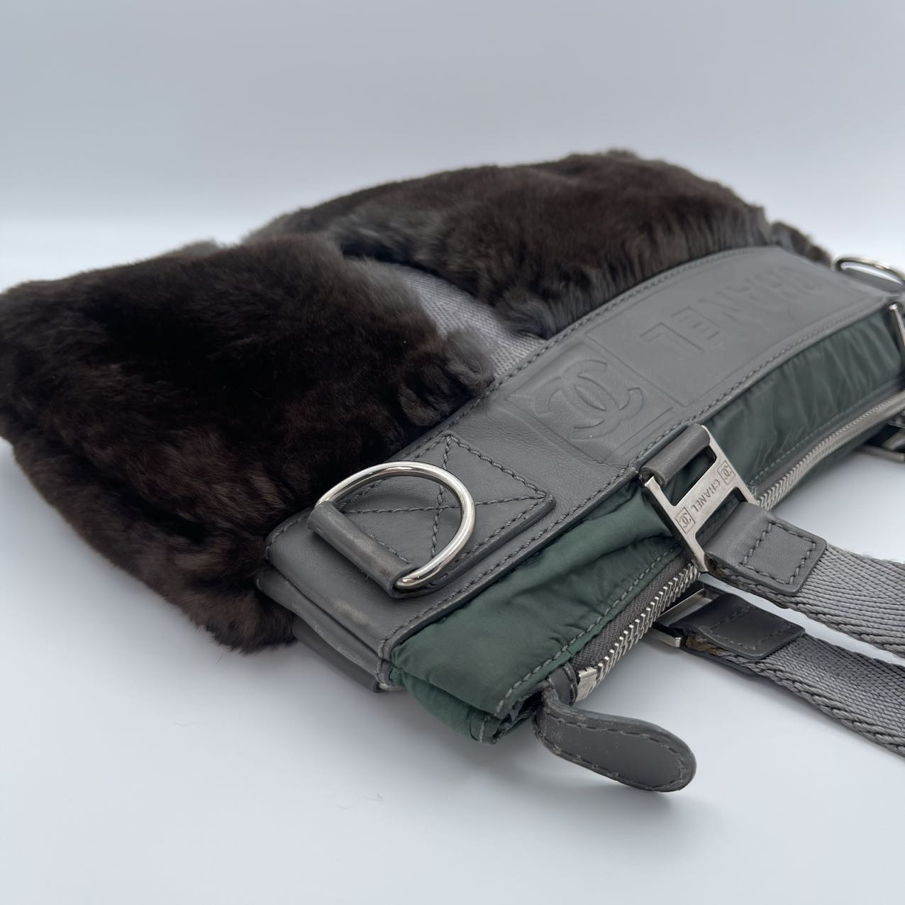 Chanel Dark Green Nylon & Dark Brown Rabbit Fur CC Tote [Used]