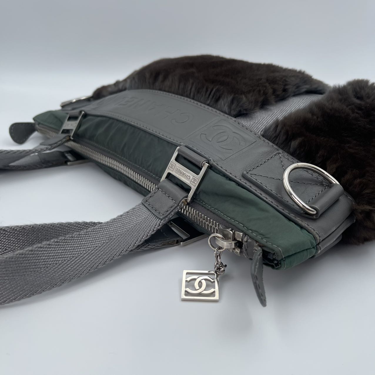 Chanel Dark Green Nylon & Dark Brown Rabbit Fur CC Tote [Used]