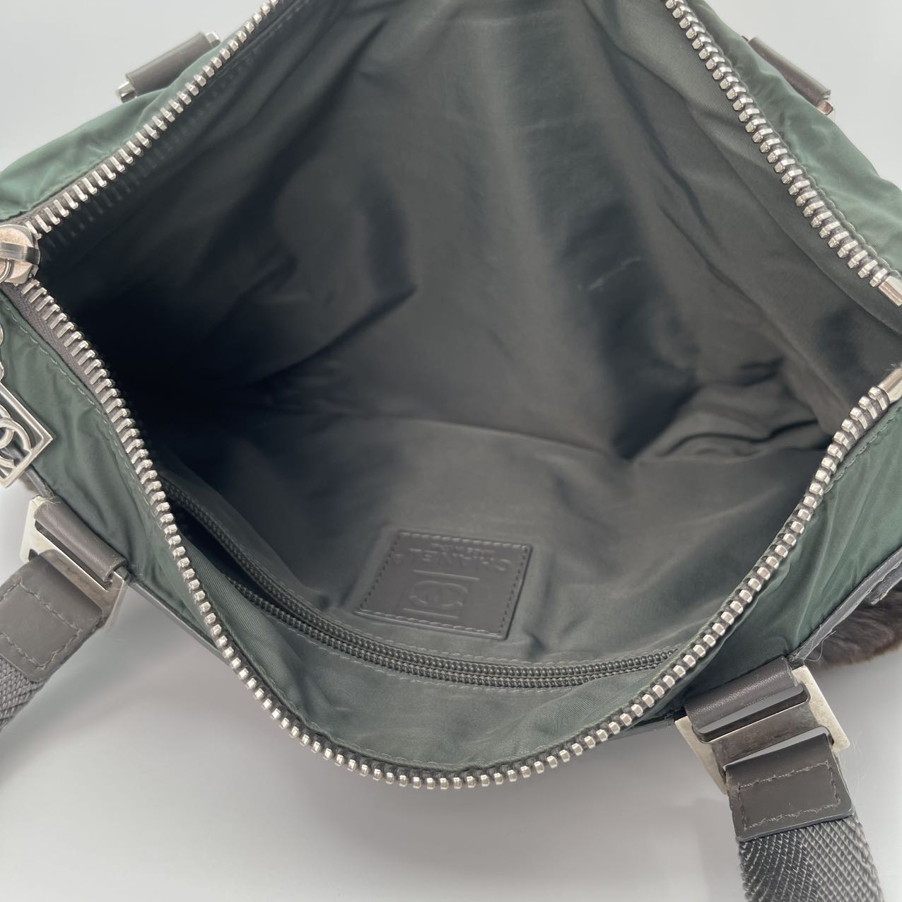 Chanel Dark Green Nylon & Dark Brown Rabbit Fur CC Tote [Used]