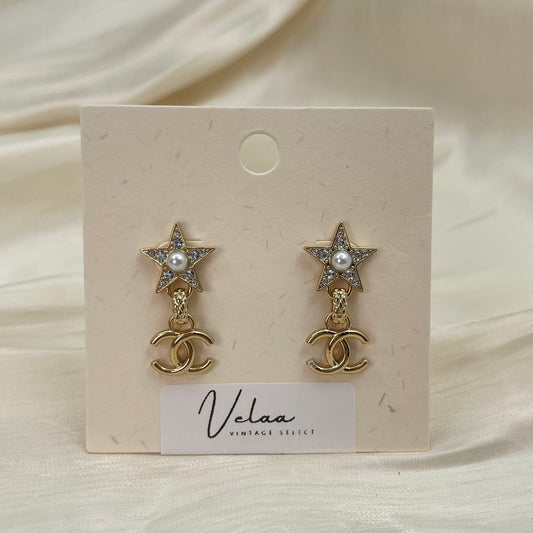 Chanel Rhinestone and Star Pearl CC Logo Drop Earrings [Used]