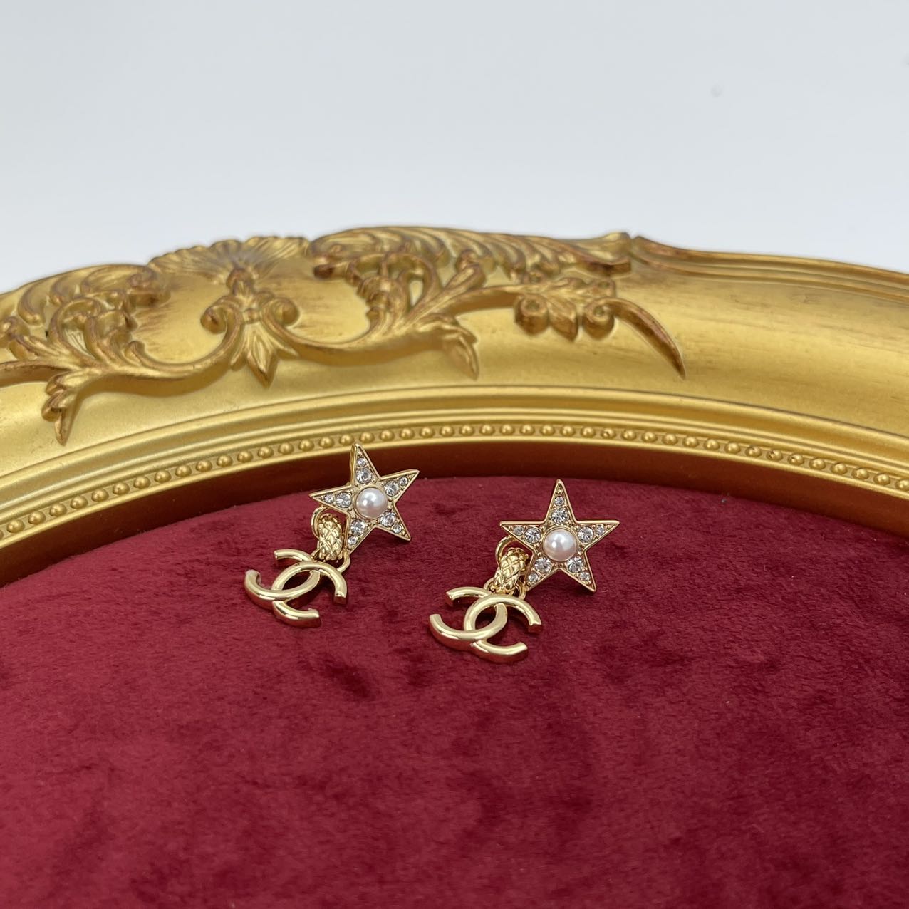 Chanel Rhinestone and Star Pearl CC Logo Drop Earrings [Used]