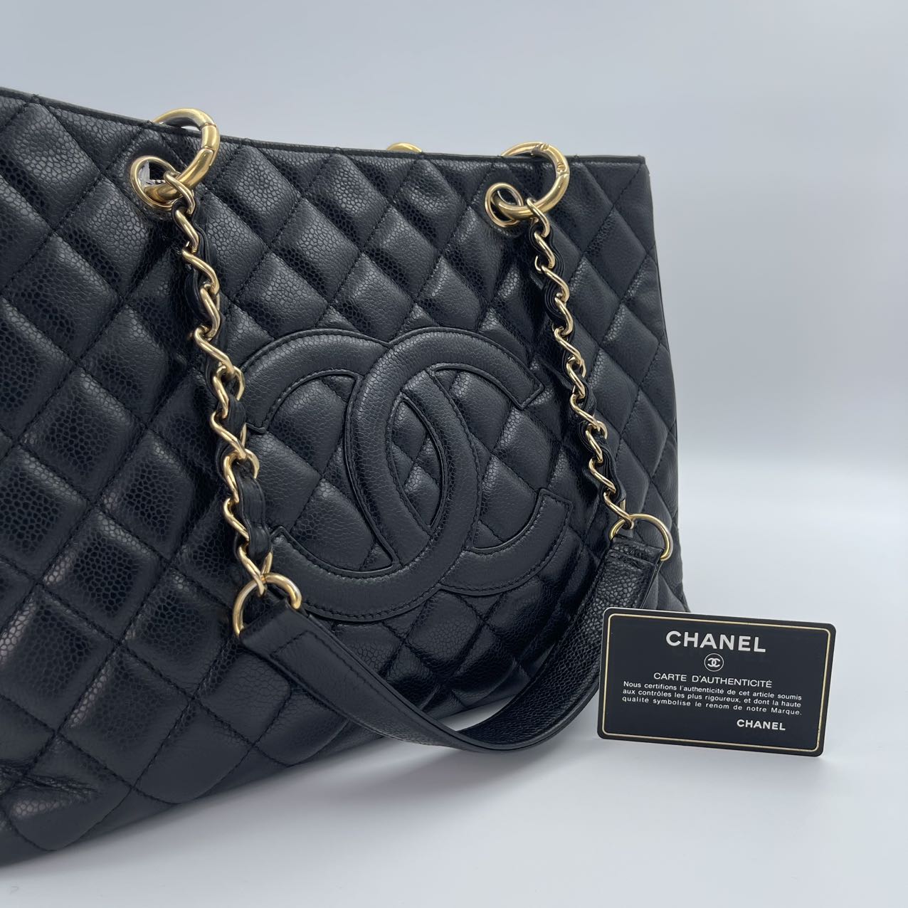 CHANEL Caviar Quilted Grand Shopping Tote (GST) in Black with Gold Hardware [Used]