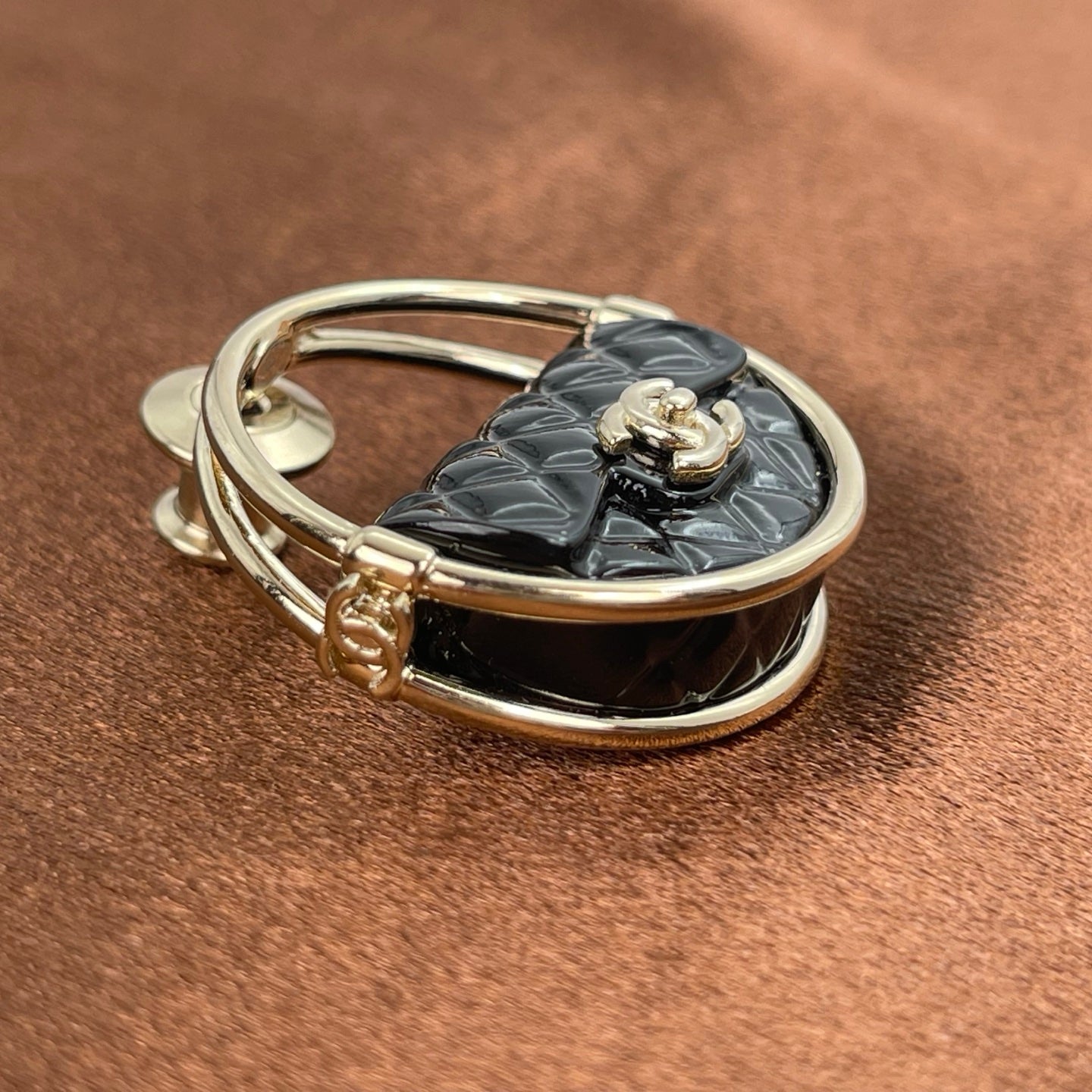Chanel Coco Mark Matelassé Pin Brooch – Black × Gold [Used]