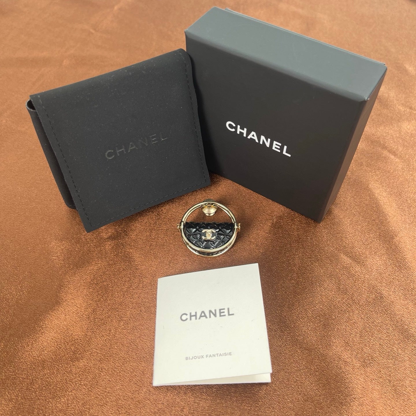Chanel Coco Mark Matelassé Pin Brooch – Black × Gold [Used]