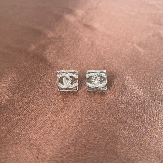 Chanel Coco Mark Rhinestone Square Earrings – Gold & Silver [Used]