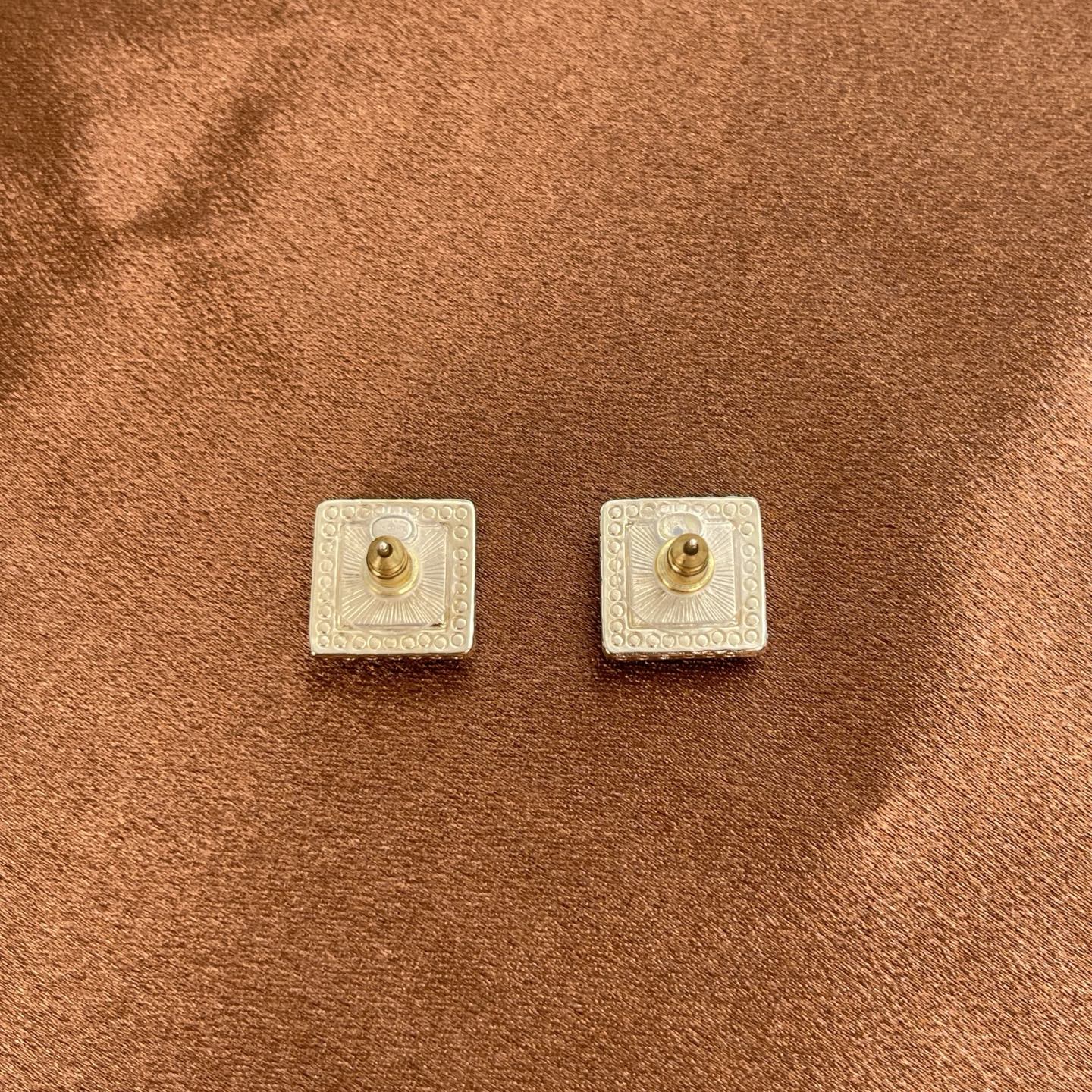Chanel Coco Mark Rhinestone Square Earrings – Gold & Silver [Used]