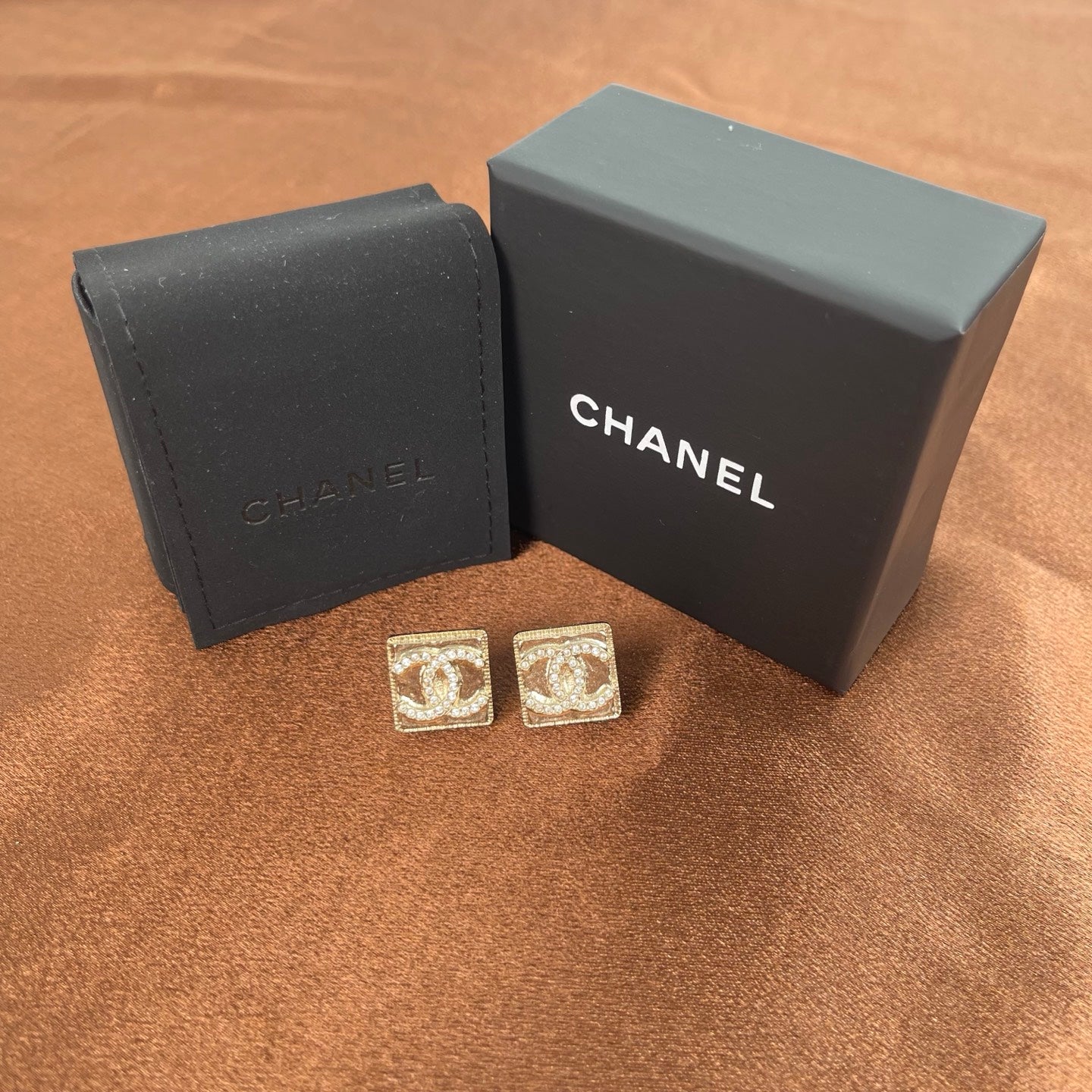 Chanel Coco Mark Rhinestone Square Earrings – Gold & Silver [Used]