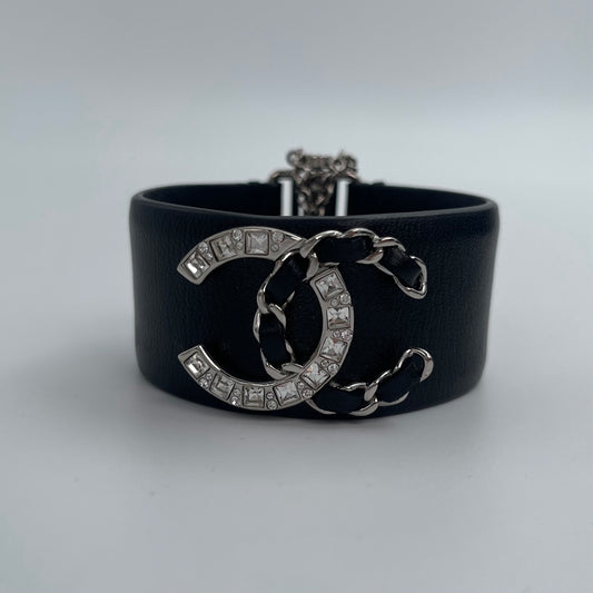 Chanel Coco Mark Leather Bangle Bracelet – Black & Silver [Used]