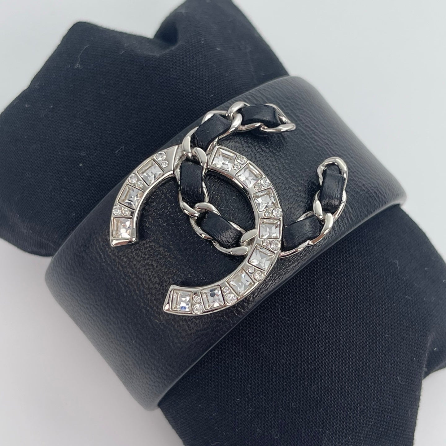 Chanel Coco Mark Leather Bangle Bracelet – Black & Silver [Used]
