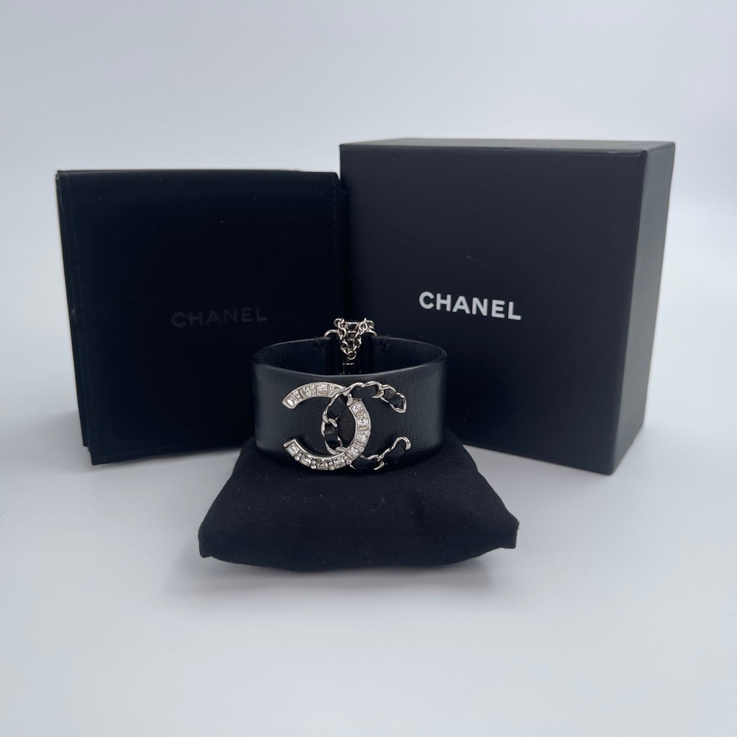 Chanel Coco Mark Leather Bangle Bracelet – Black & Silver [Used]