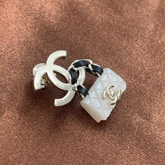 Chanel Coco Mark Matelassé Bag Motif Pin Brooch – White, Black & Gold [Used]