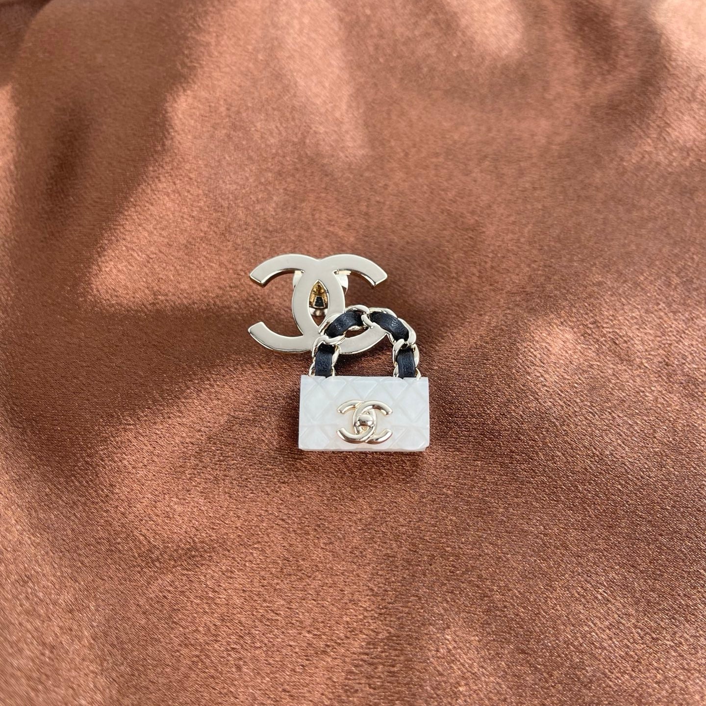 Chanel Coco Mark Matelassé Bag Motif Pin Brooch – White, Black & Gold [Used]