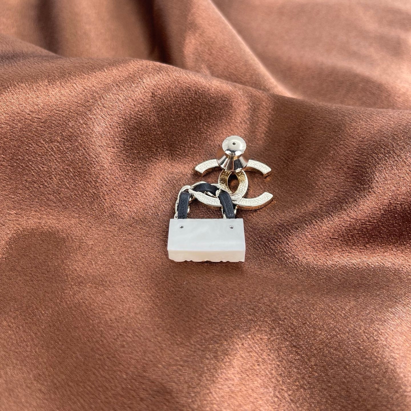Chanel Coco Mark Matelassé Bag Motif Pin Brooch – White, Black & Gold [Used]