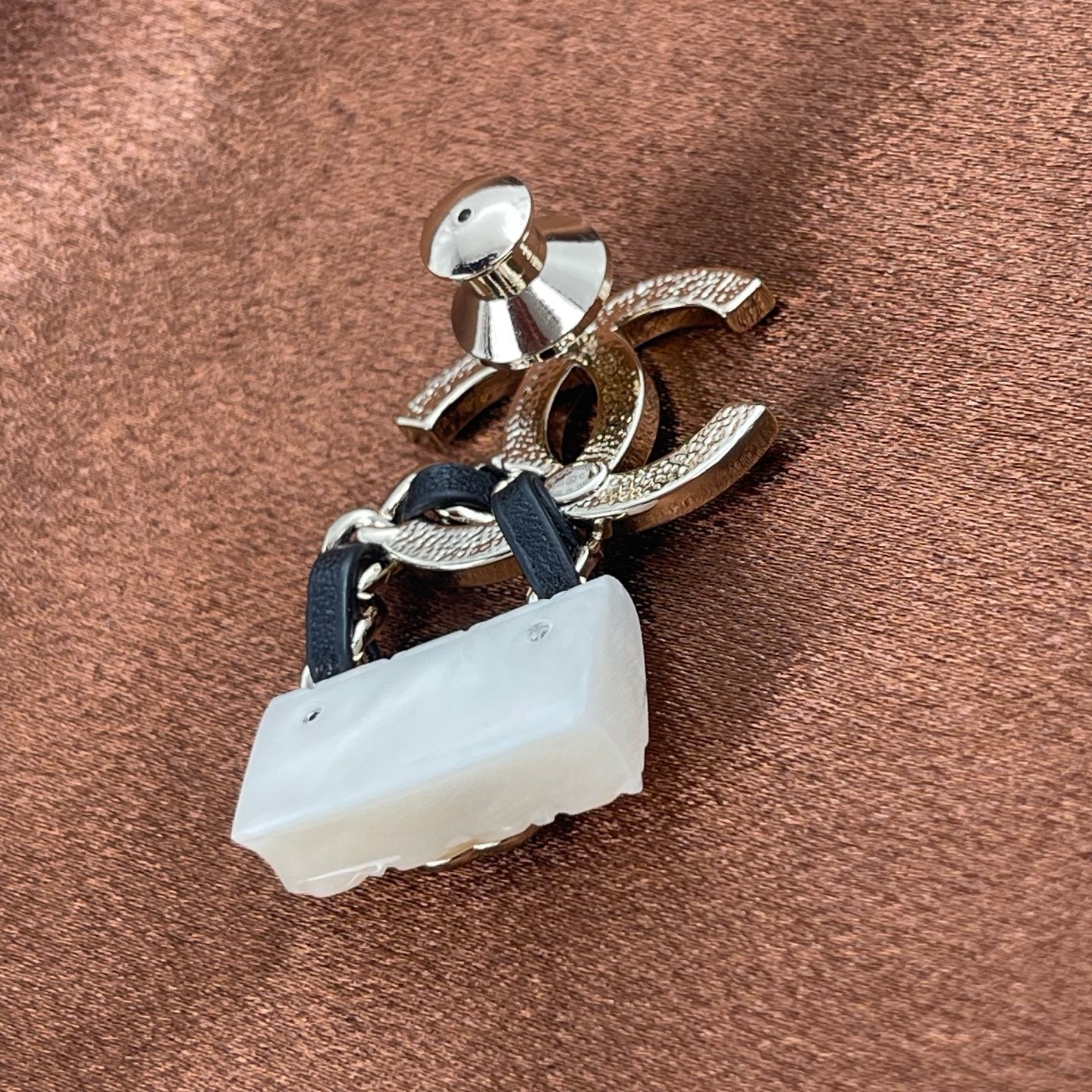 Chanel Coco Mark Matelassé Bag Motif Pin Brooch – White, Black & Gold [Used]