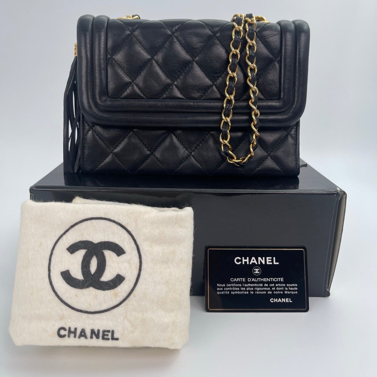 Chanel Quilted Lambskin Shoulder Bag with Chain & Tassel – Black [Used]