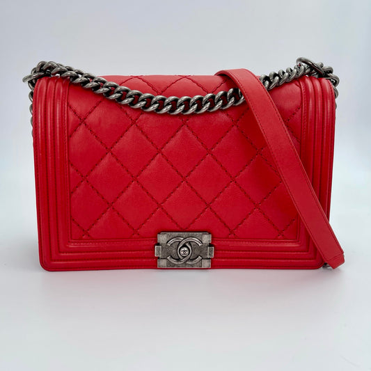 Chanel Le Boy Red Calfskin Flap Shoulder Bag [Used]