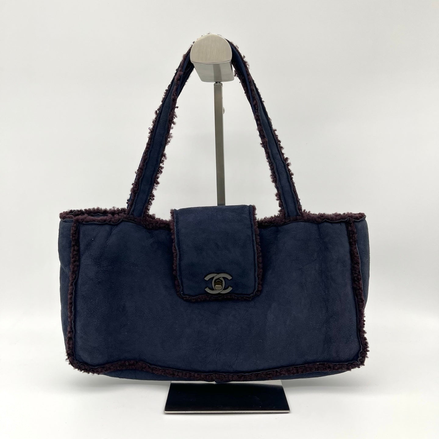 Chanel Blue and Brown Suede Shearling Top Handle Bag [Used]