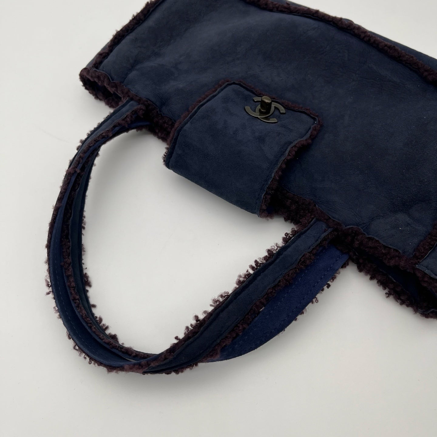 Chanel Blue and Brown Suede Shearling Top Handle Bag [Used]