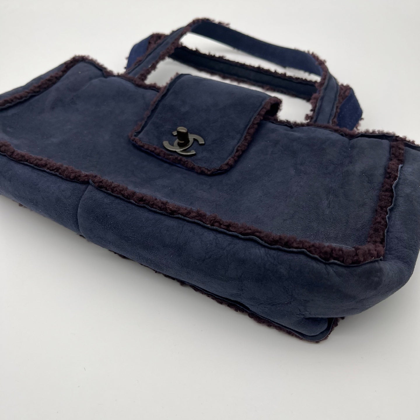 Chanel Blue and Brown Suede Shearling Top Handle Bag [Used]