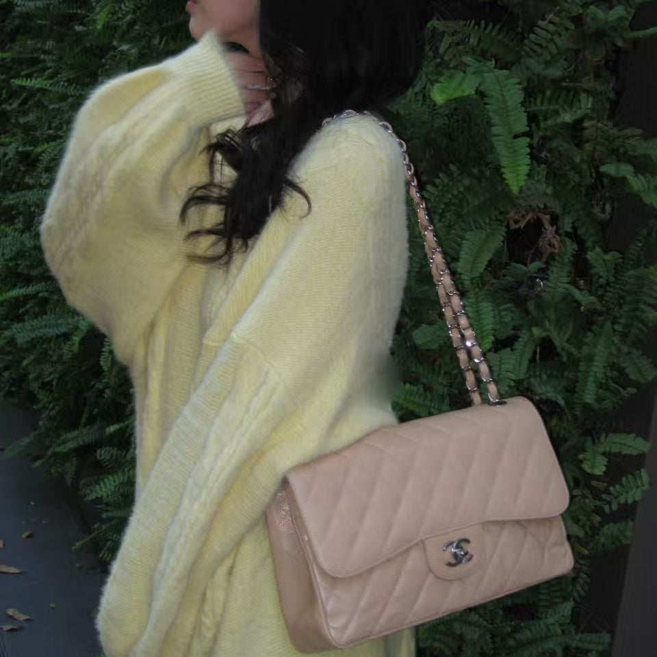 CHANEL Classic Double Flap Jumbo in Beige Caviar Leather [Used]