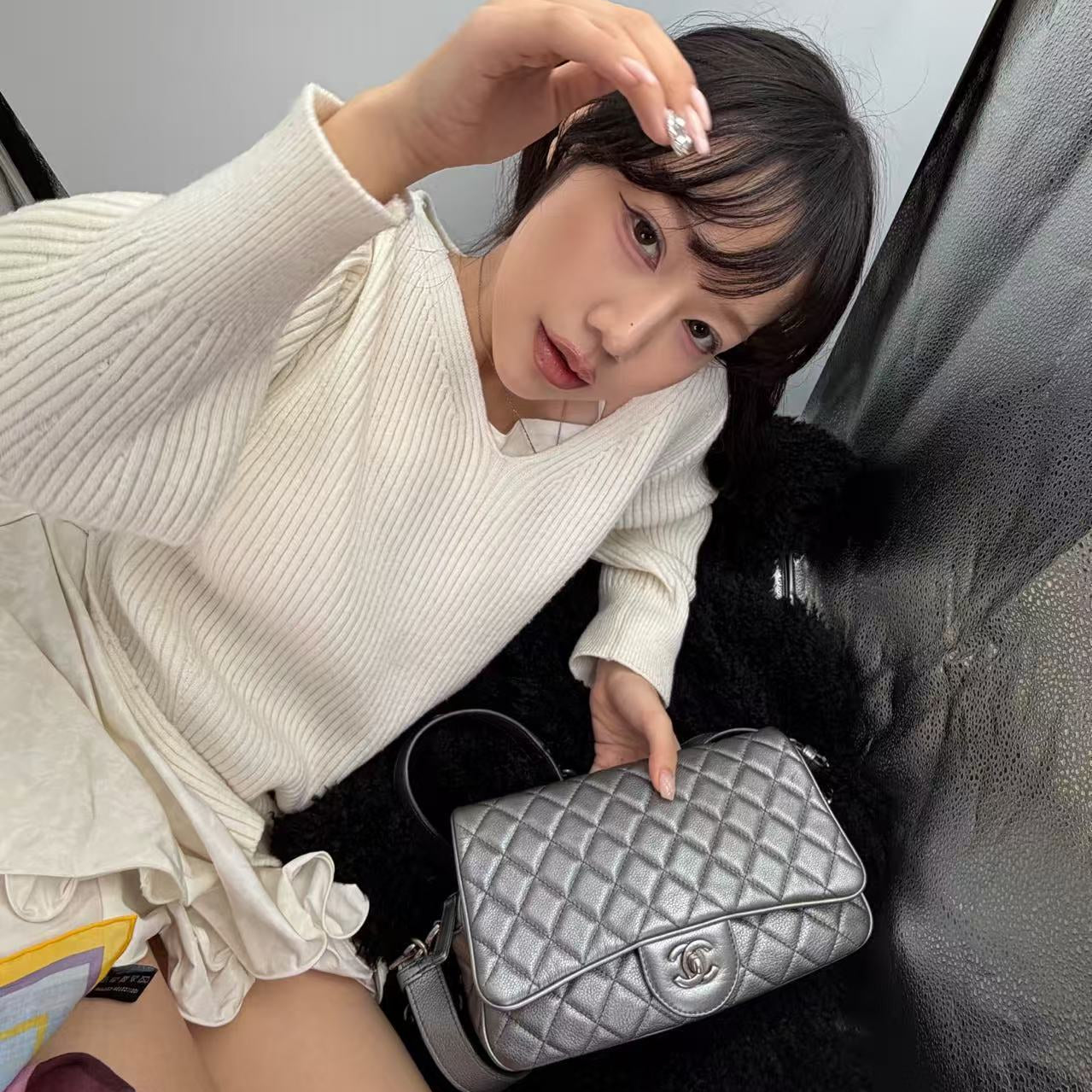 CHANEL Classic Flap Bag Silver Calfskin Leather with Authenticity Card [Used]