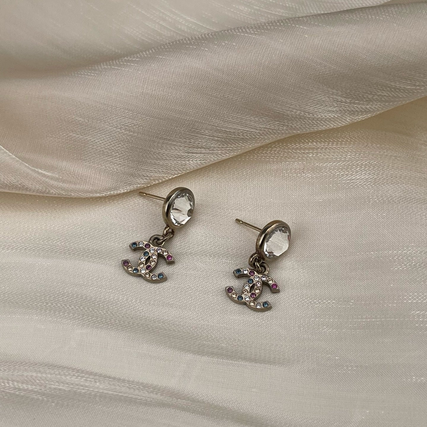 CHANEL 2011 Double CC Multicolor Rhinestone Drop Earrings [Used]