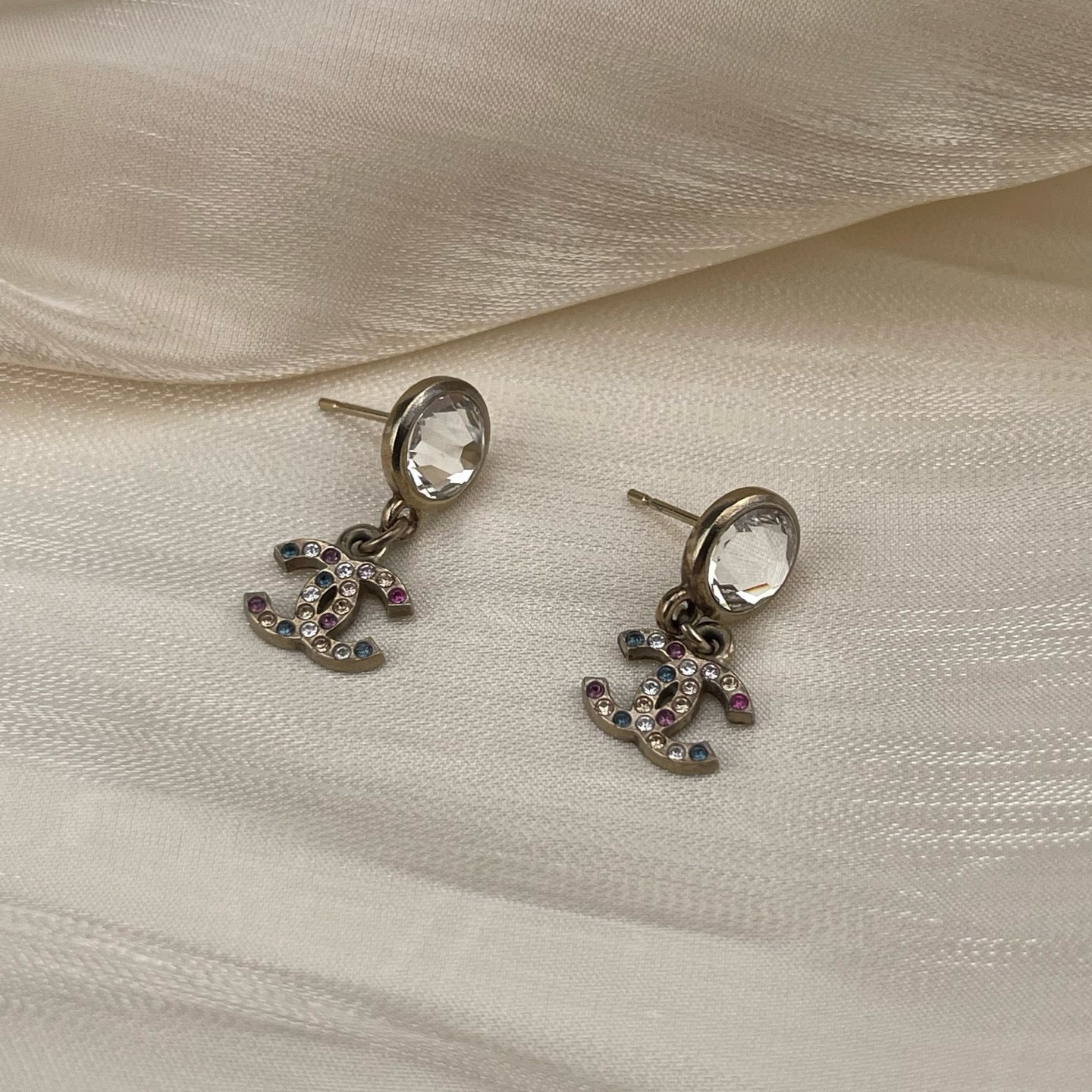 CHANEL 2011 Double CC Multicolor Rhinestone Drop Earrings [Used]