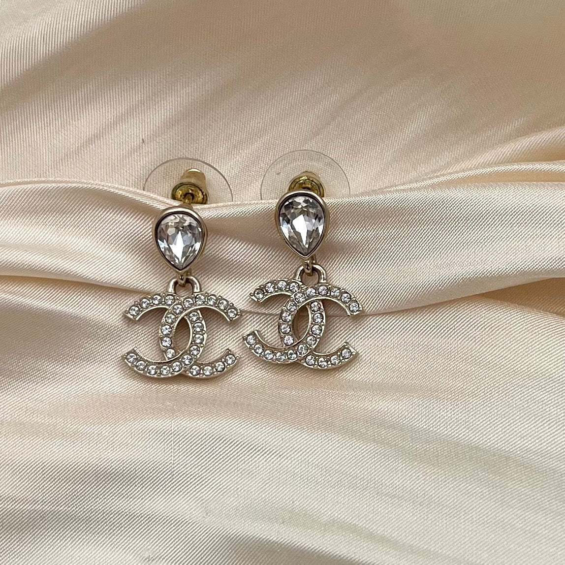 CHANEL Gold Tone Rhinestone CC Drop Earrings [Used]
