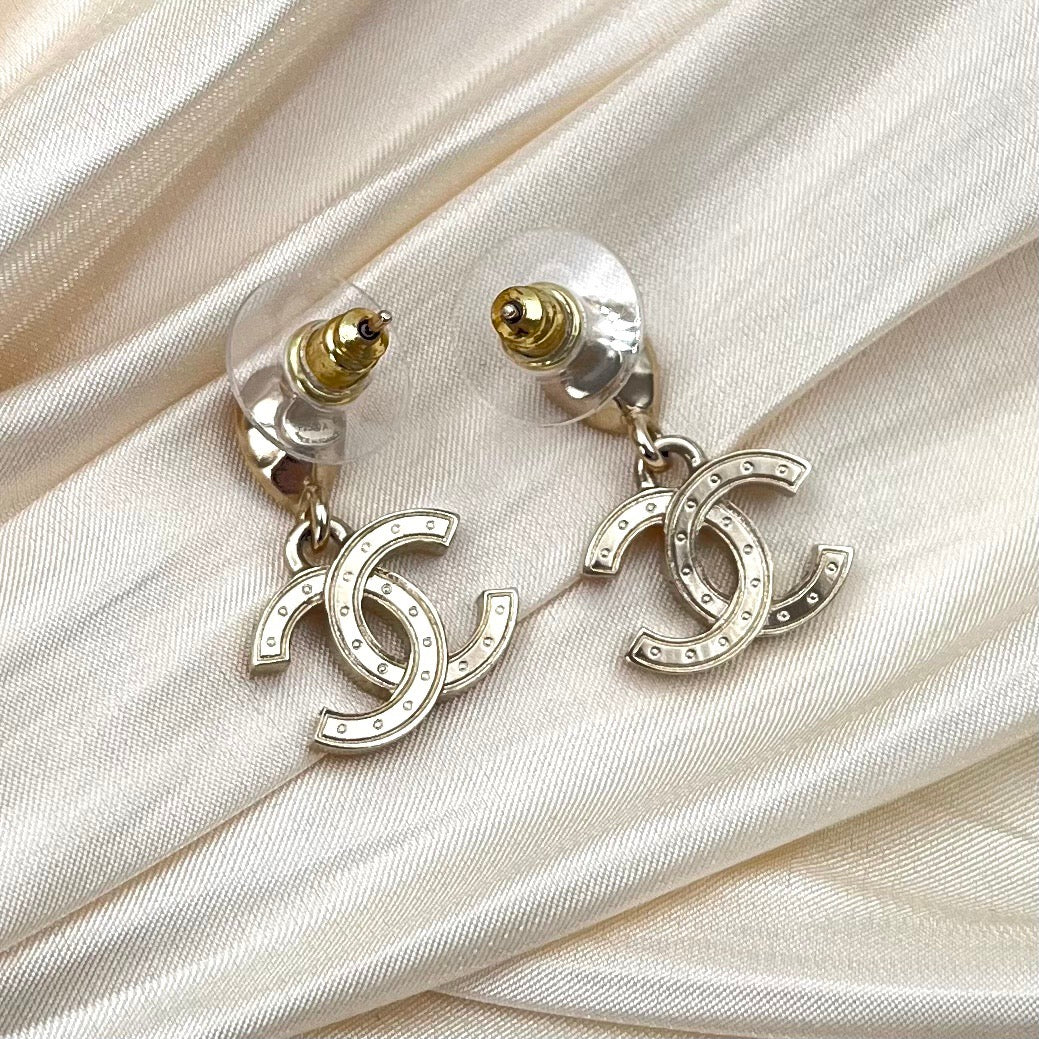 CHANEL Gold Tone Rhinestone CC Drop Earrings [Used]