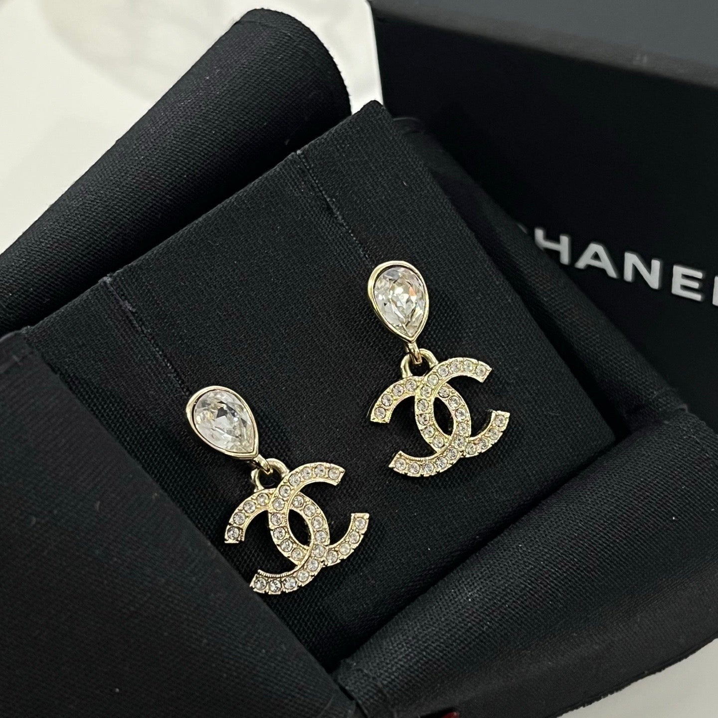 CHANEL Gold Tone Rhinestone CC Drop Earrings [Used]