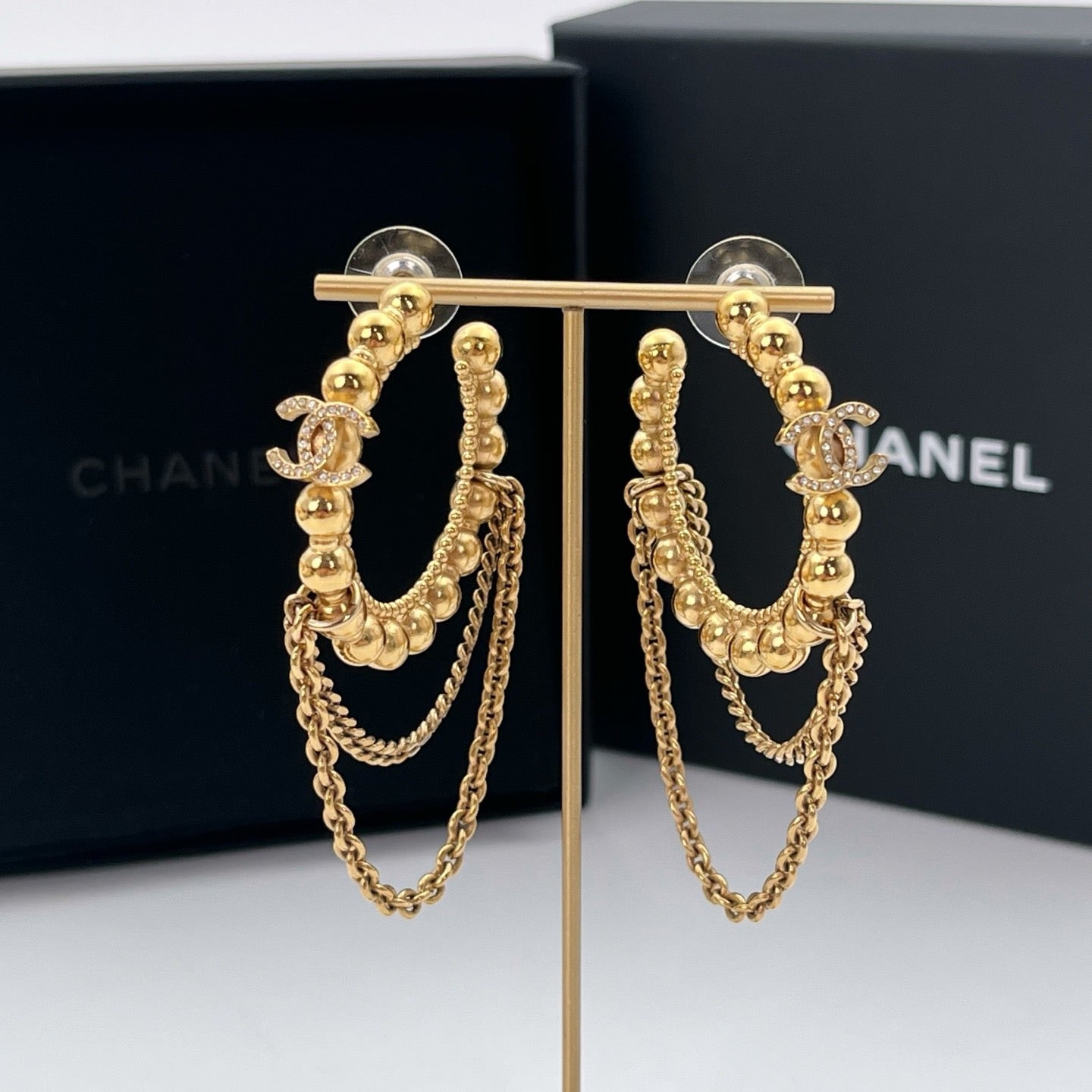 Chanel Gold-Tone Rhinestone CC Chain Drop Earrings C22C 6.6 × 3.8 cm [Used]