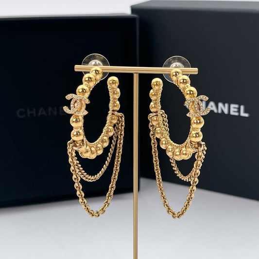 Chanel Gold-Tone Rhinestone CC Chain Drop Earrings C22C 6.6 × 3.8 cm [Used]