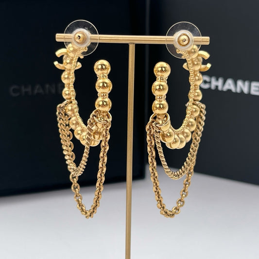Chanel Gold-Tone Rhinestone CC Chain Drop Earrings C22C 6.6 × 3.8 cm [Used]