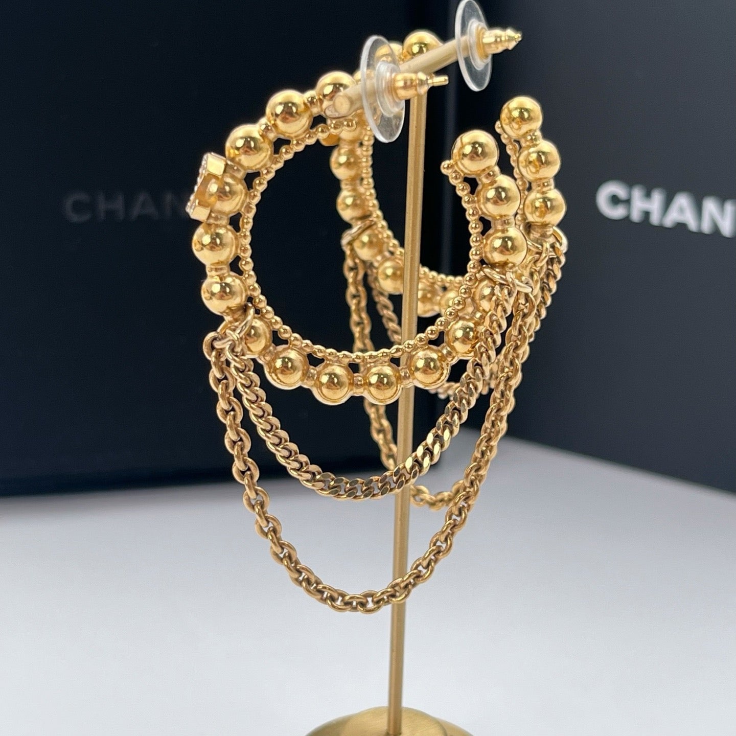 Chanel Gold-Tone Rhinestone CC Chain Drop Earrings C22C 6.6 × 3.8 cm [Used]