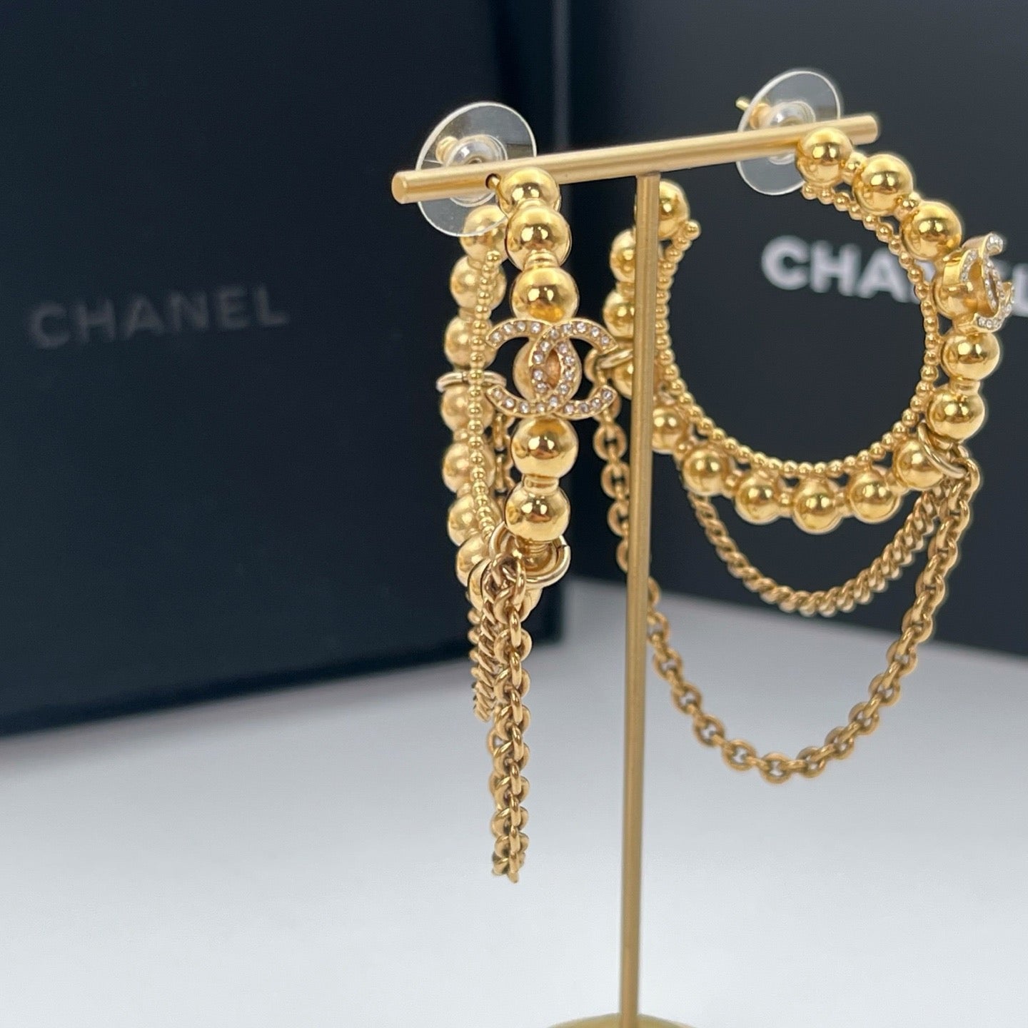 Chanel Gold-Tone Rhinestone CC Chain Drop Earrings C22C 6.6 × 3.8 cm [Used]