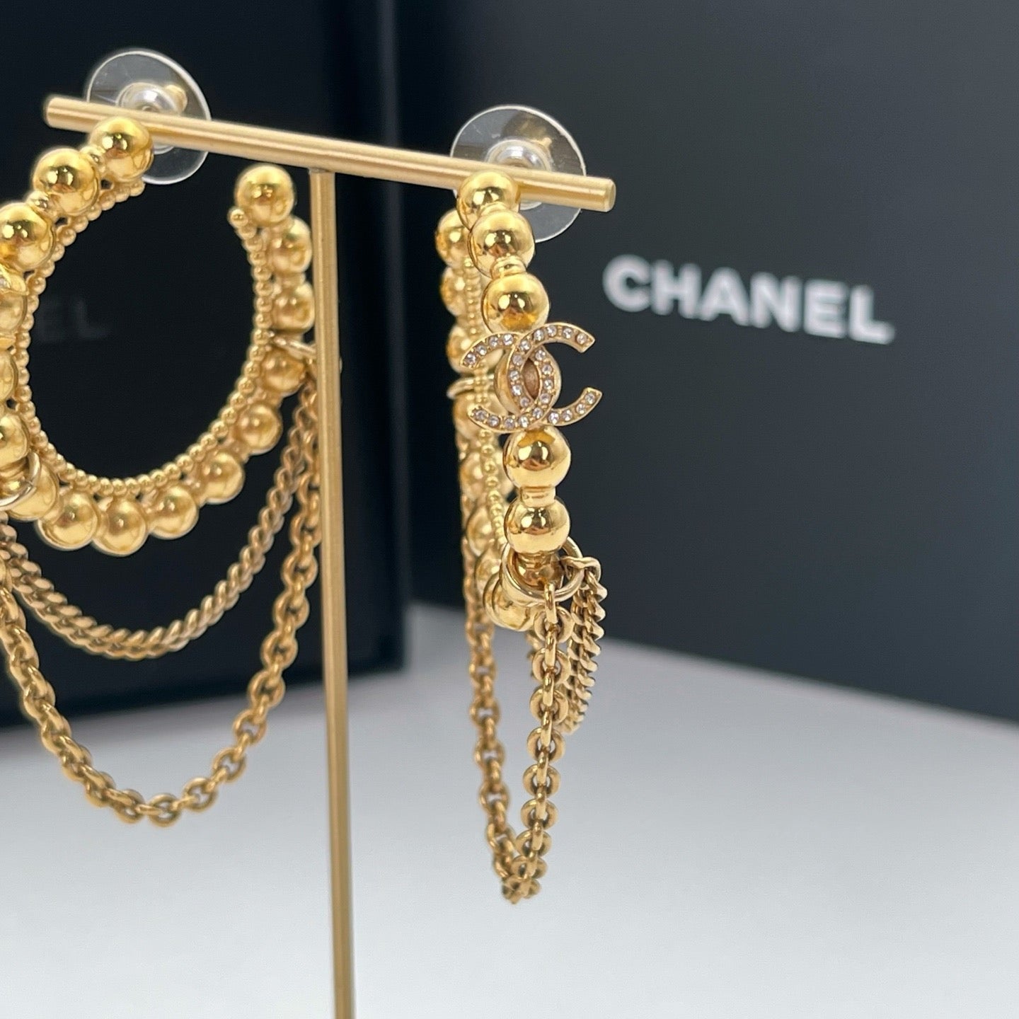 Chanel Gold-Tone Rhinestone CC Chain Drop Earrings C22C 6.6 × 3.8 cm [Used]