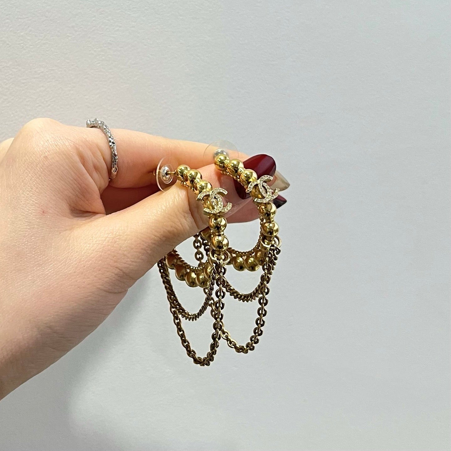 Chanel Gold-Tone Rhinestone CC Chain Drop Earrings C22C 6.6 × 3.8 cm [Used]